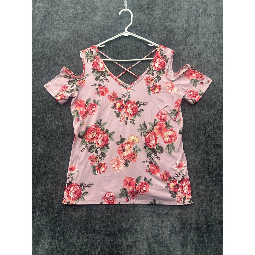 M. Fasis Blouse Womens XL Pink Floral Stretch Cold Shoulder Classic V Neck